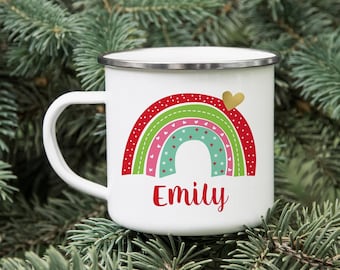 Personalized Mug for Kids, Hot Cocoa Mug, Rainbow Mug, Hot Chocolate Mug, Rainbow and Hearts, Mug, Christmas Mug