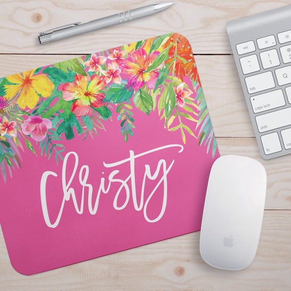 Personalized Mouse Pad, Floral Mouse Pad, Pink Desk Decor, Tropical Mouse Pad, Custom Office Decor, Mousepad for Her, Coworker Gift