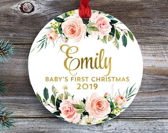 Baby's First Christmas Ornament, Baby Girl Ornament, Floral Baby Ornament, Newborn Gift, Keepsake Baby Gift, Personalized Baby Ornament