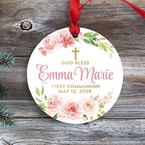Personalized First Communion Ornament: Keepsake Gift with Pink Roses, Gift for Girl