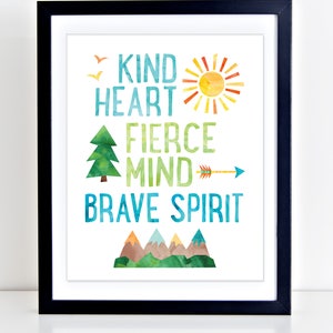 Adventure Nursery Wall Art, Kind Heart Fierce Mind Brave Spirit Wall Print, Boys Wall Art, Playroom Decor, Arrow Print, Adventure Wall Art