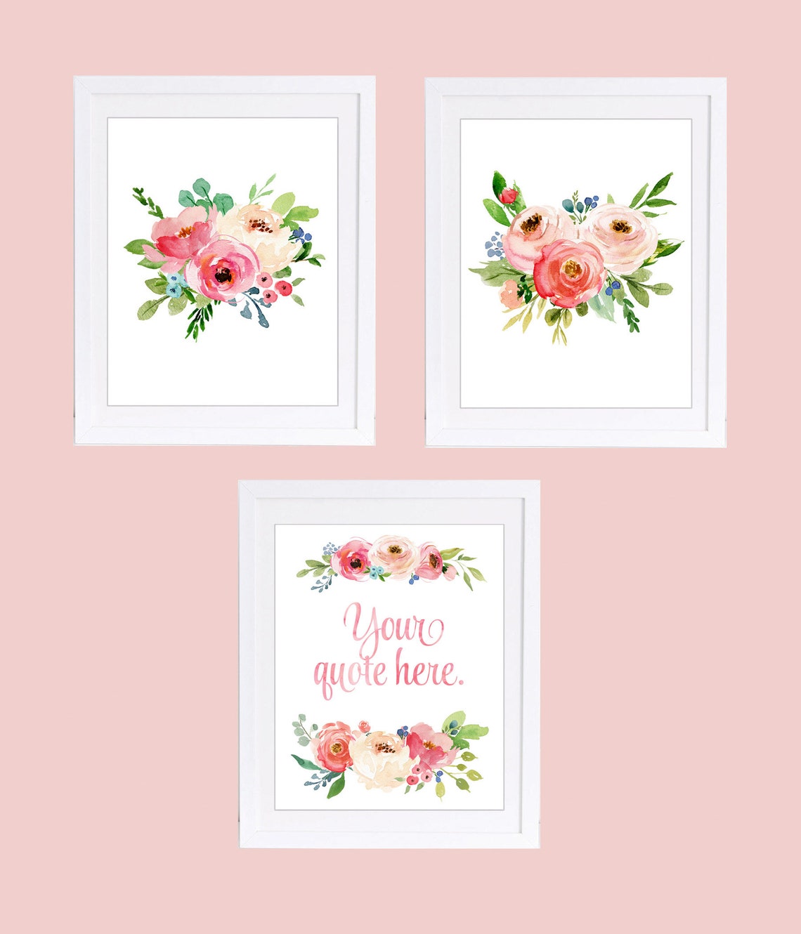 Set of 3 Prints Pink Floral Wall Art Your Quote Here Floral Etsy