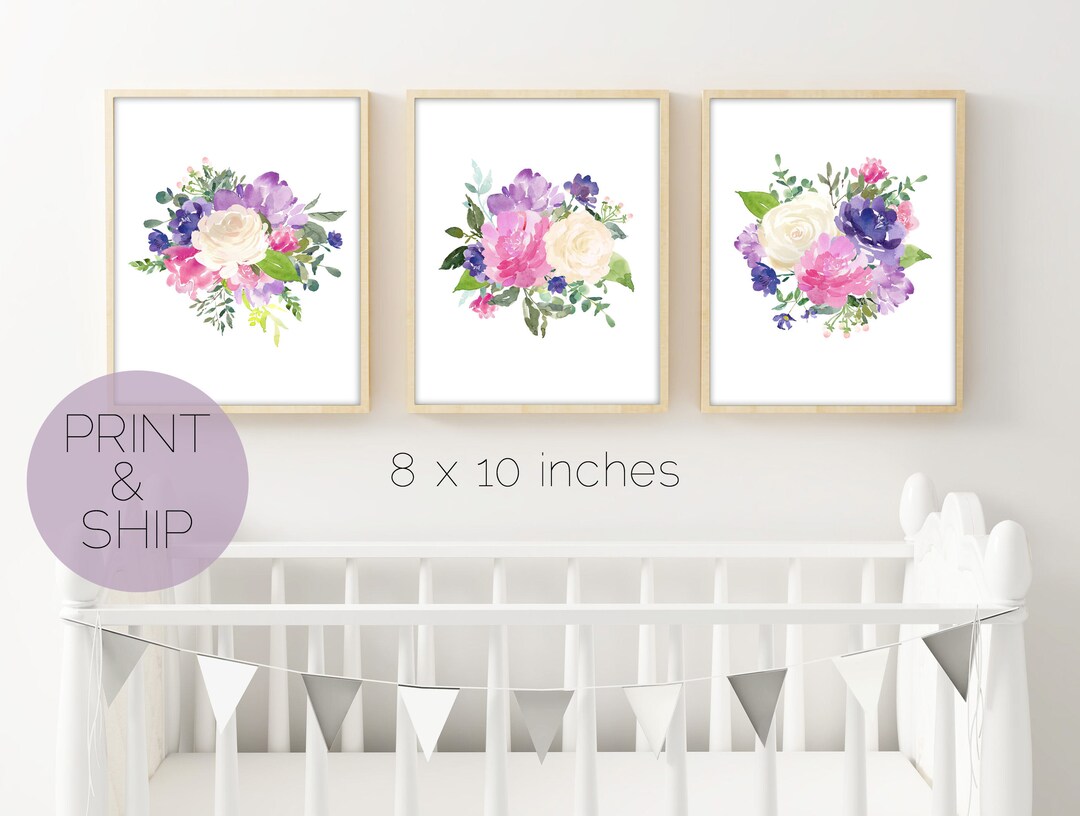 Floral Watercolor Nursery Art Prints: Purple, Pink, Ivory (set of 3) - Etsy