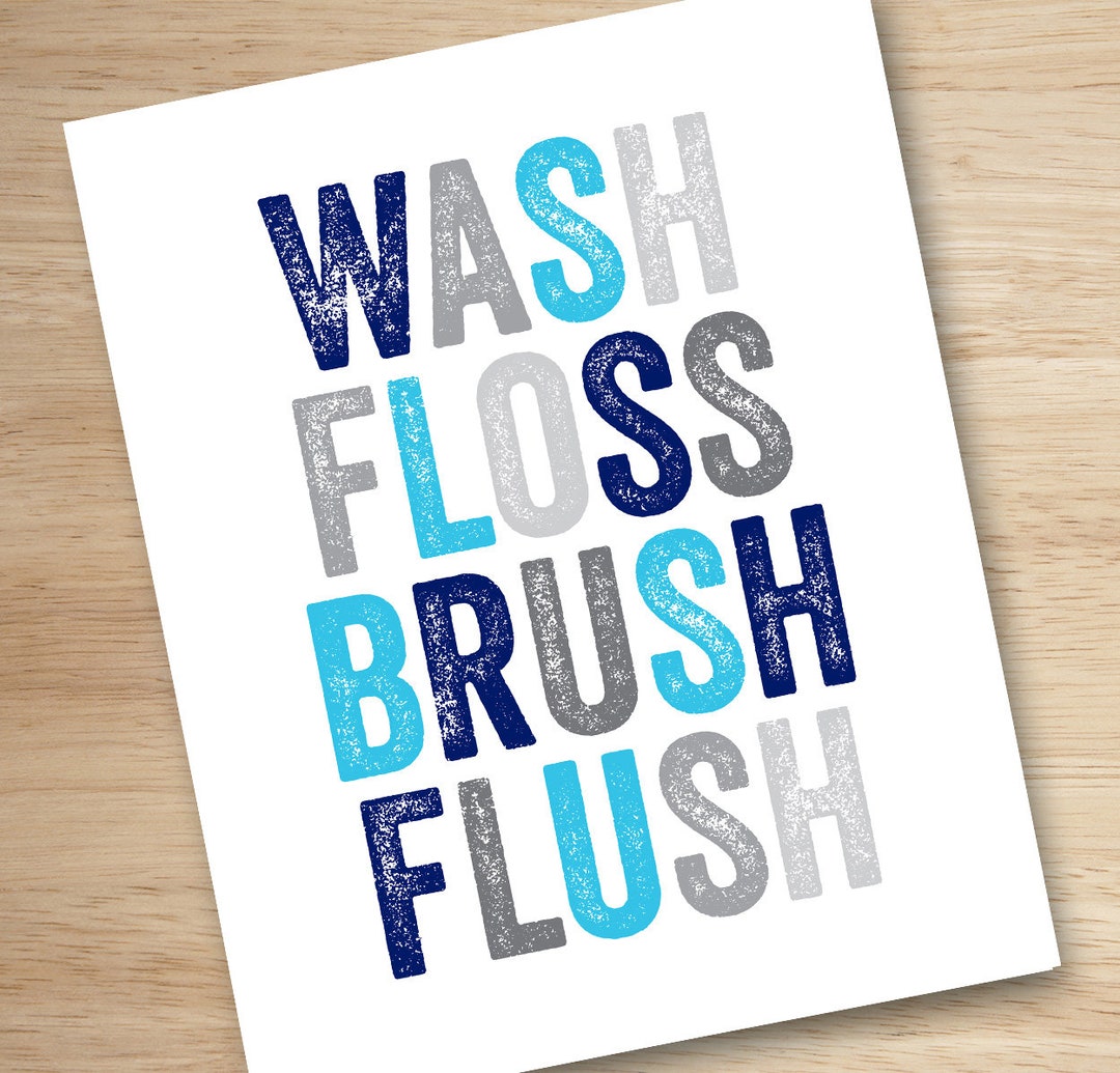 Kids Bathroom Print Navy and Gray Wash Floss Brush Flush Etsy