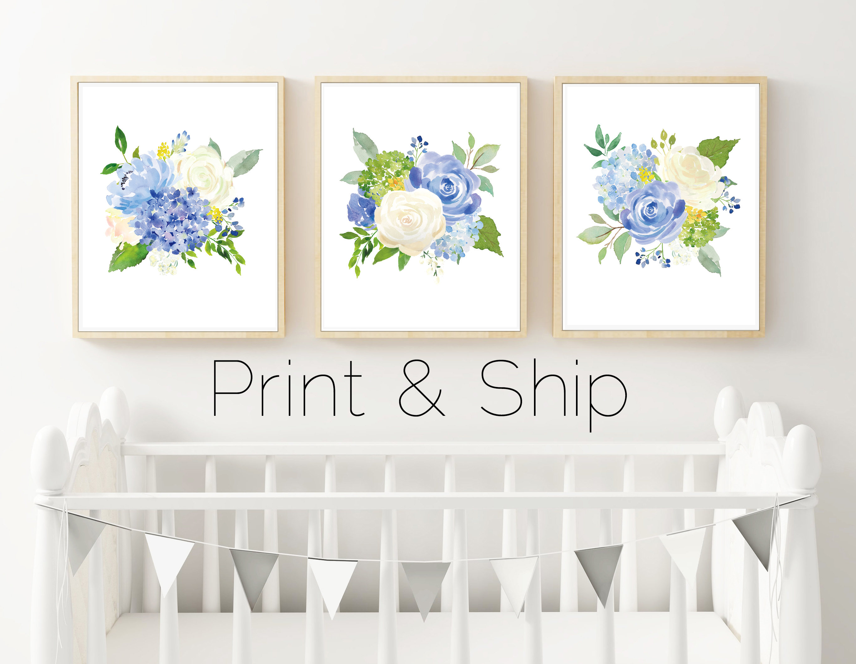 Set of 3 Prints Hydrangea Wall Art Floral Nursery Art