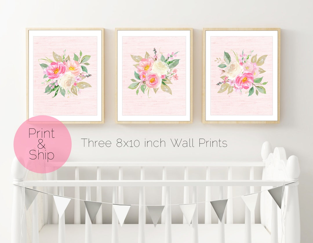 Floral Nursery Art, Set of 3 Wall Prints, Pink Floral Wall Art, Floral