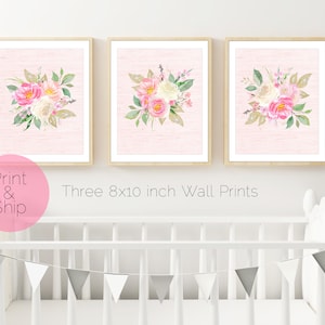 Girls Nursery Art, Set of 3 Wall Prints, Pink Floral Wall Art, Floral Nursery Wall Art, Nursery Art Set, Set of 3 Floral Posters