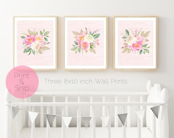 Girls Nursery Art, Set of 3 Wall Prints, Pink Floral Wall Art, Floral Nursery Wall Art, Nursery Art Set, Set of 3 Floral Posters