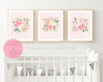 Floral Nursery Art, Set of 3 Wall Prints, Pink Floral Wall Art, Floral Nursery Wall Art, Nursery Art Set, Set of 3 Floral Posters