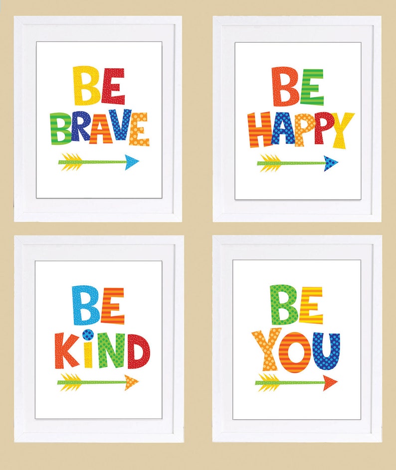 Playroom Wall Decor Boys Room Art Kids Set Of 4 Prints Be Brave Print Kind Happy You
