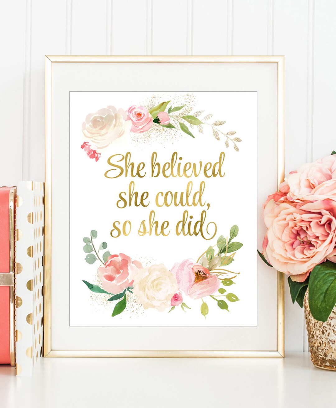 Floral Nursery Art Print, Pink Rose Gold Foil Quote (instant Download ...