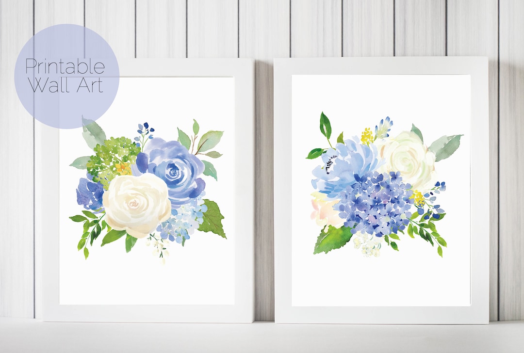 Blue Hydrangea Floral Art Prints: Botanical Nursery Decor (set of 2 ...