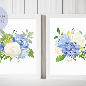Blue Floral Wall Art, Hydrangea Prints, Botanical Prints, Set of 2 Prints, Floral Nursery Prints, Girl Nursery Art, Nantucket Art