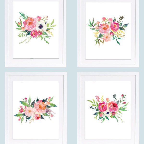 Set of 4 Prints, Floral Nursery Prints, Watercolor Flowers, Boho Printable, Peony Prints, Peony Art, Floral Nursery Art, Pink Nursery Decor