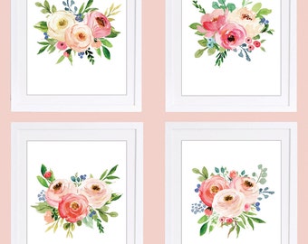 Rosa pion-barnrumstryck: Akvarell blommönster, set om 4 (digital nedladdning)