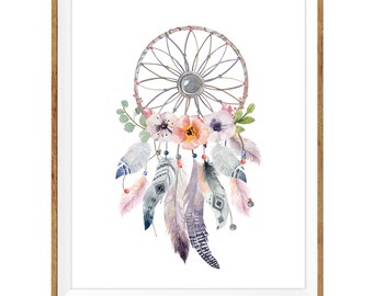 May include: A watercolor painting of a dreamcatcher with feathers and flowers. The dreamcatcher is white and gray with pink and purple flowers. The feathers are white, gray, and pink.