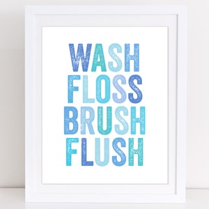 Boys Bathroom Print, Wash Floss Brush Flush, Kids Bathroom Sign, Printable Wall Art, Washroom Print, Blue Bathroom, Kids Bathroom Print