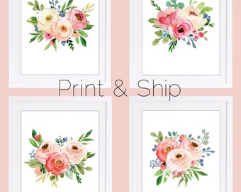 Floral Nursery Prints, Watercolor Floral Wall Art, Floral Nursery Art Set, Boho Nursery Wall Art, Set of 4 Prints, PRINT AND SHIP