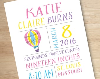 Custom Birth Stats Print: Baby Announcement Nursery Art