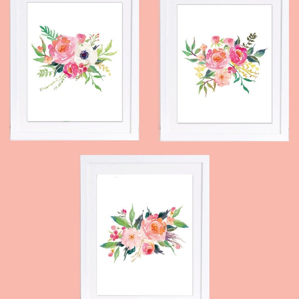 Set of 3 Prints, Floral Wall Art, Floral Nursery Prints, Watercolor Floral Wall Art, Peony Wall Art, Boho Printables, Watercolor Flowers