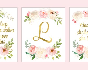 Floral Nursery Wall Art, Set of 3 Prints, Watercolor Roses, Blush Pink, Boho Nursery Art, Custom Name Print, And though She be but little