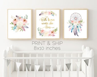 BoHo Floral Nursery, Boho Nursery Decor, Dreamcatcher Wall Art, Baby Girl Wall Art, Girls BoHo Wall Art, Blush Pink, Floral Wall Art