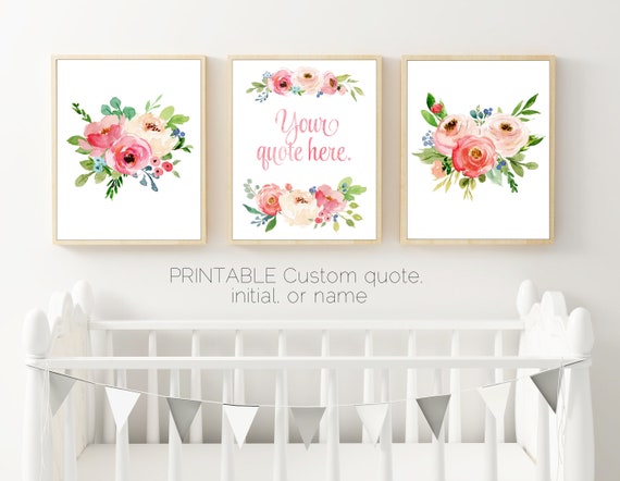 Set of 3 Prints, Pink Floral Wall Art, Your Quote Here, Floral Watercolor, Custom Name Print, Monogram Print, Floral Nursery Art