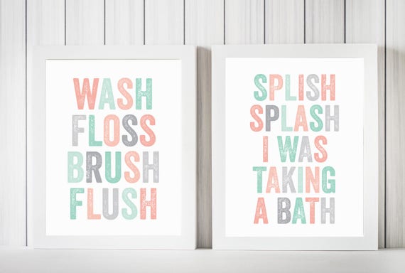 Set of 2 Prints Bathroom PRINTABLES Wash Floss Brush Flush | Etsy