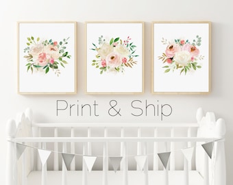 Floral Watercolor Nursery Prints, Set of 3 Prints, Watercolor Roses, Boho Nursery Art, PRINTED ART, Pink Peonies, Blush Pink Wall Art