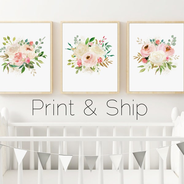 Floral Watercolor Nursery Prints, Set of 3 Prints, Watercolor Roses, Boho Nursery Art, PRINTED ART, Pink Peonies, Blush Pink Wall Art