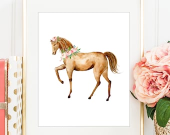Watercolor Horse Print: Floral Nursery Art (Digital Download)