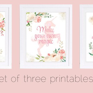 Set of 3 Prints, Floral Watercolor Art, Pink Nursery Decor, Unicorn Wall Art, Play with Fairies, Be a Princess, Blush Pink Art, PRINTABLES