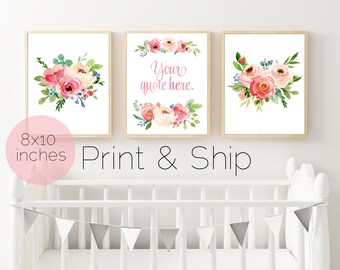 Floral Watercolor Wall Art, Custom Name Print, Set of 3 Wall Prints, Pink Floral Art, Floral Wall Art, Your Quote Here, Custom Nursery Art