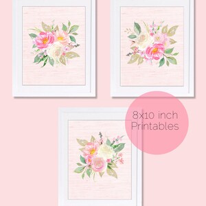 Set of 3 Prints, Floral Nursery Prints, Watercolor Flowers, Pink Nursery Art, Boho Nursery Art, Blush Pink Wall Art, Printable Art, 8 x 10