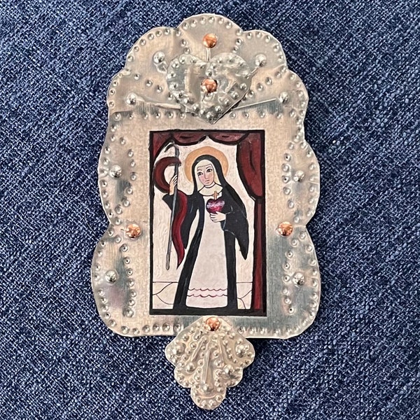 St Gertrude Retablo, New Mexico Punched Tinwork. Patron Saint of Teachers