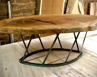 Sycamore Maple Live Edge Disc Coffee Table on steel base - one available