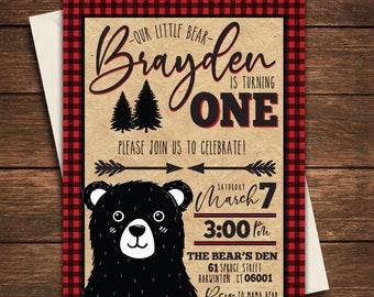 Bear Birthday Invitation, Bear Birthday, Bear Invitation,Our Little Bear, Bear First Birthday,Plaid First Birthday,Plaid Invitation, Bear