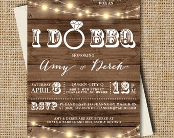May include: Wedding invitation with a rustic wood background. The invitation reads "I Do BBQ" with a diamond ring graphic. Details include the names Amy & Derek, date, time, location, and RSVP information. String lights are at the top and bottom.