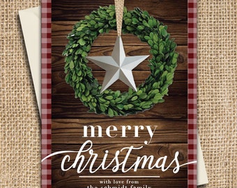 Christmas Card, Family Christmas Card, Holiday Card, Plaid Christmas Card, Barn Christmas Card, Farm Christmas, Wreath Christmas Card