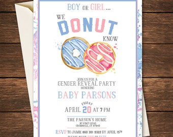 Gender Reveal Invitation, Donut Gender Reveal Party, Gender Reveal Party, Donut Gender Reveal, Donut Gender Reveal Invitation, We Donut Know