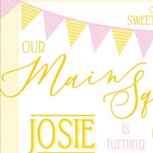 May include: A yellow and pink banner with the text "Our Main Squeeze Josie is turning..."  The banner is decorated with yellow and pink triangles.