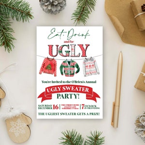 Puede incluir: Una invitaci&oacute;n a una fiesta de Navidad con un esquema de color rojo, blanco y verde. La invitaci&oacute;n dice "Come, bebe y s&eacute; FEA" con tres ilustraciones de su&eacute;teres navide&ntilde;os feos. El texto debajo dice "&iexcl;Est&aacute;s invitado a la fiesta anual de su&eacute;teres feos de los O'Brien!" con la fecha, la hora y la ubicaci&oacute;n de la fiesta.