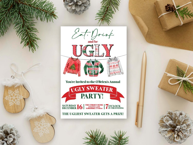 Puede incluir: Una invitaci&oacute;n a una fiesta de Navidad con un esquema de color rojo, blanco y verde. La invitaci&oacute;n dice "Come, bebe y s&eacute; FEA" con tres ilustraciones de su&eacute;teres navide&ntilde;os feos. El texto debajo dice "&iexcl;Est&aacute;s invitado a la fiesta anual de su&eacute;teres feos de los O'Brien!" con la fecha, la hora y la ubicaci&oacute;n de la fiesta.