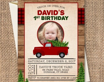 May include: A red truck with a Christmas tree in the back, a photo of a child, and the text "Truck on over for David's 1st Birthday" on a woodgrain background. The invitation is for a birthday party on December 2, 2017, at 2:00 PM at David's Truck Yard, 65 Free Trail Road, Durham, CT 06422. RSVP to Kristen at (860) 301-4733 by 11/24.