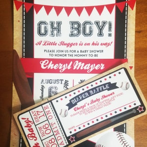 Może przedstawiać: Zaproszenie na baby shower w stylu baseballowym, w kolorystyce czerwono-biało-czarnej. Zaproszenie ma formę biletu z tekstem "Oh Boy!" i "Baby Shower Cheryl".