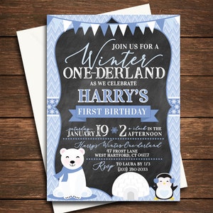 Convite do aniversário do pinguim | Convite do pinguim | Convite de Onederland do inverno de <br> Entrega Rápida? Convite de Onderland | Convite do urso polar | Onderland