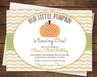 May include: A printable invitation for a first birthday party with a pumpkin theme. The invitation features a cute orange pumpkin with white polka dots and a green stem. The text on the invitation reads "Our Little Pumpkin is turning One!" and includes details about the party, such as the date, time, and location.
