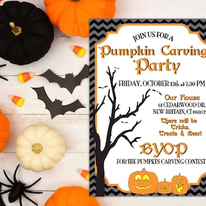 May include: A black and gray chevron patterned invitation for a pumpkin carving party. The invitation includes the text "Join us for a Pumpkin Carving Party", "Friday, October 13th at 7:30 PM", "Our House 61 Cedarwood Dr. New Britain, CT 06052", "There will be tricks, treats & beer! BYOP for the pumpkin carving contest". The invitation also features a black silhouette of a bare tree with bats flying around it and three orange pumpkins with jack-o-lantern faces.