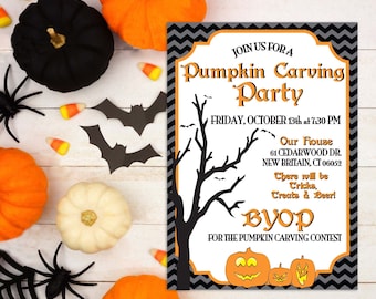 May include: A black and gray chevron patterned invitation for a pumpkin carving party. The invitation includes the text "Join us for a Pumpkin Carving Party", "Friday, October 13th at 7:30 PM", "Our House 61 Cedarwood Dr. New Britain, CT 06052", "There will be tricks, treats & beer! BYOP for the pumpkin carving contest". The invitation also features a black silhouette of a bare tree with bats flying around it and three orange pumpkins with jack-o-lantern faces.