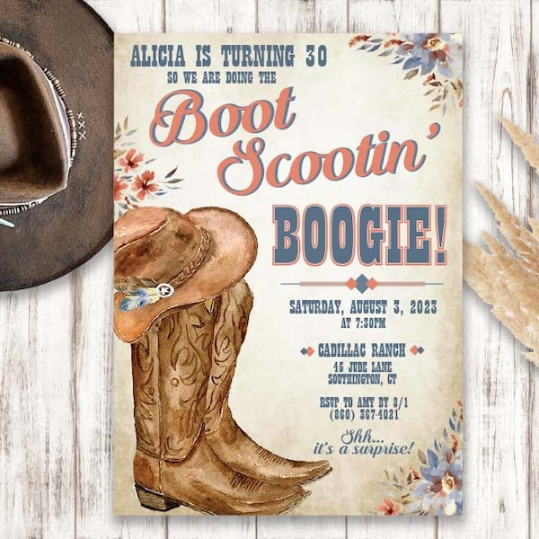 Boot Scootin Birthday Invitation, Cowgirl Birthday, Cowgirl Invitation, Boot Scootin Boogie Invitation, Country Birthday Invitation